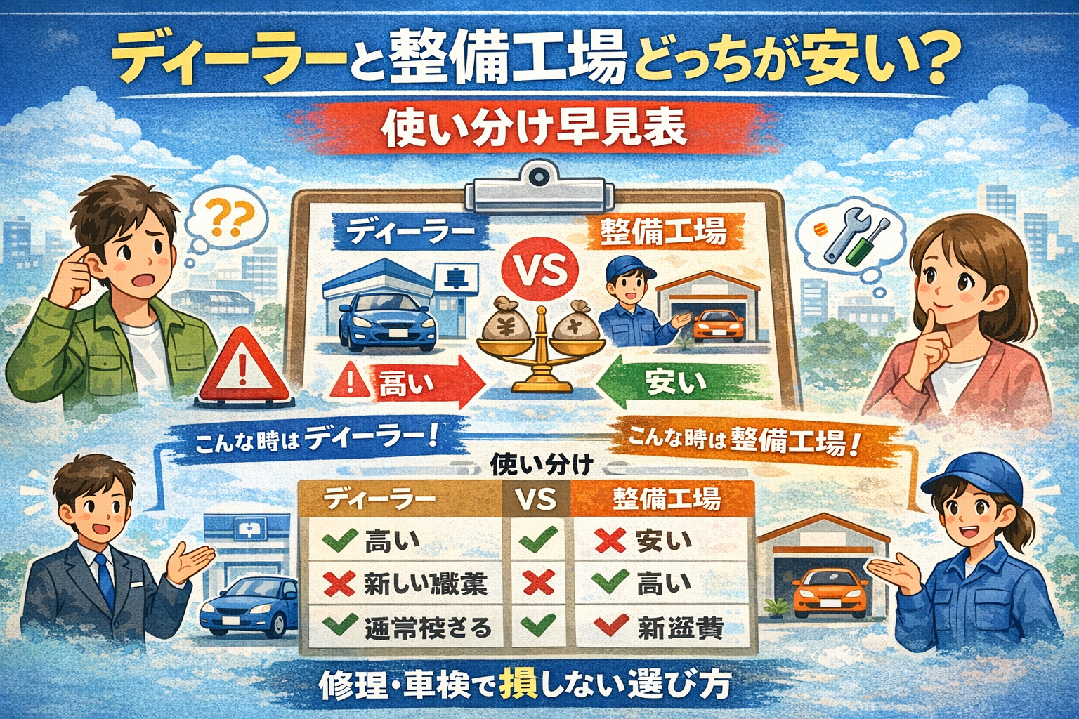 ディーラーと整備工場どっちが安い?使い分け早見表|修理・車検で損しない選び方