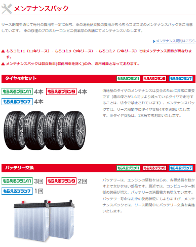 カーコンカーリースのメンテナンスパックの内容抜粋